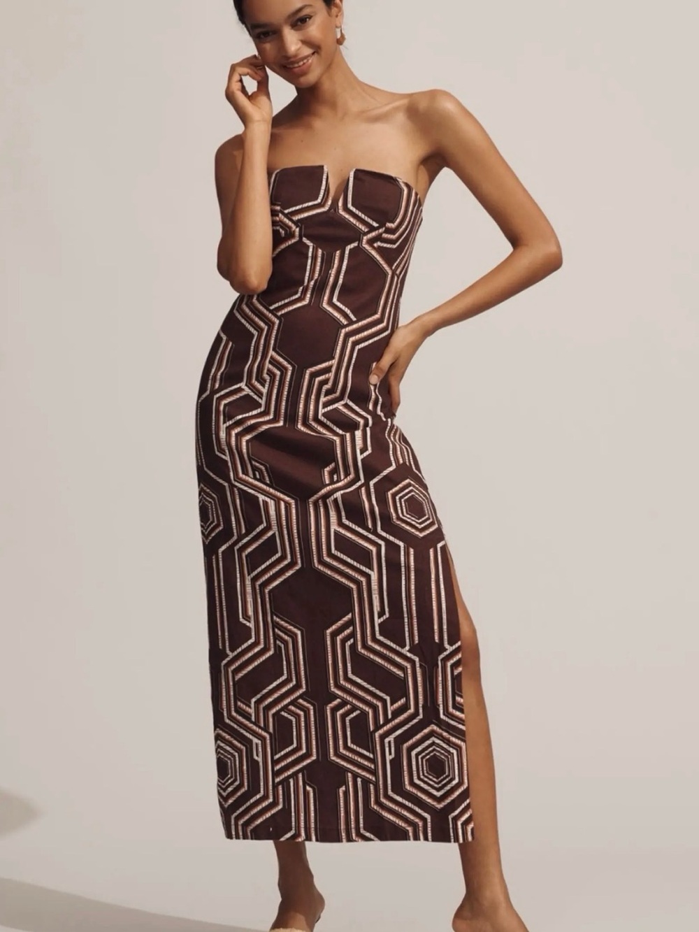 Anthropologie Strapless Brown Midi Dress with Cream Geometric Print